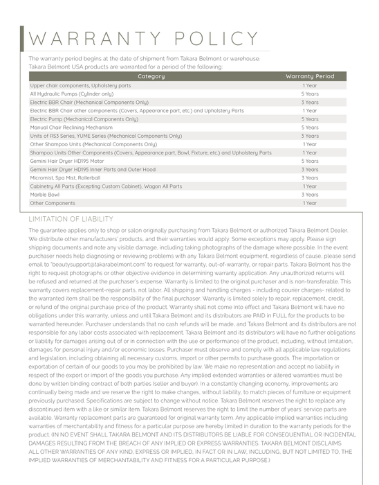 Takara Belmont Yume Espoir Shampoo Unit